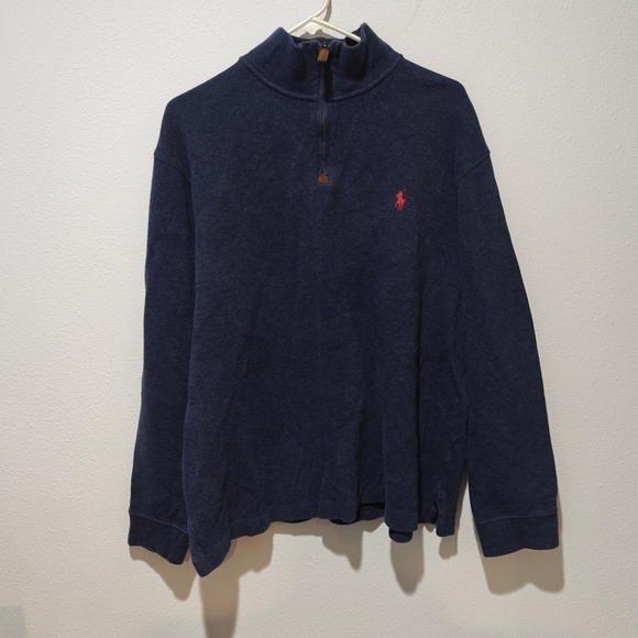 Vintage Polo Ralph Lauren Mens Sweater XL 100% Cotton Navy Blue Red Logo 1/4 Zip - Picture 2 of 5